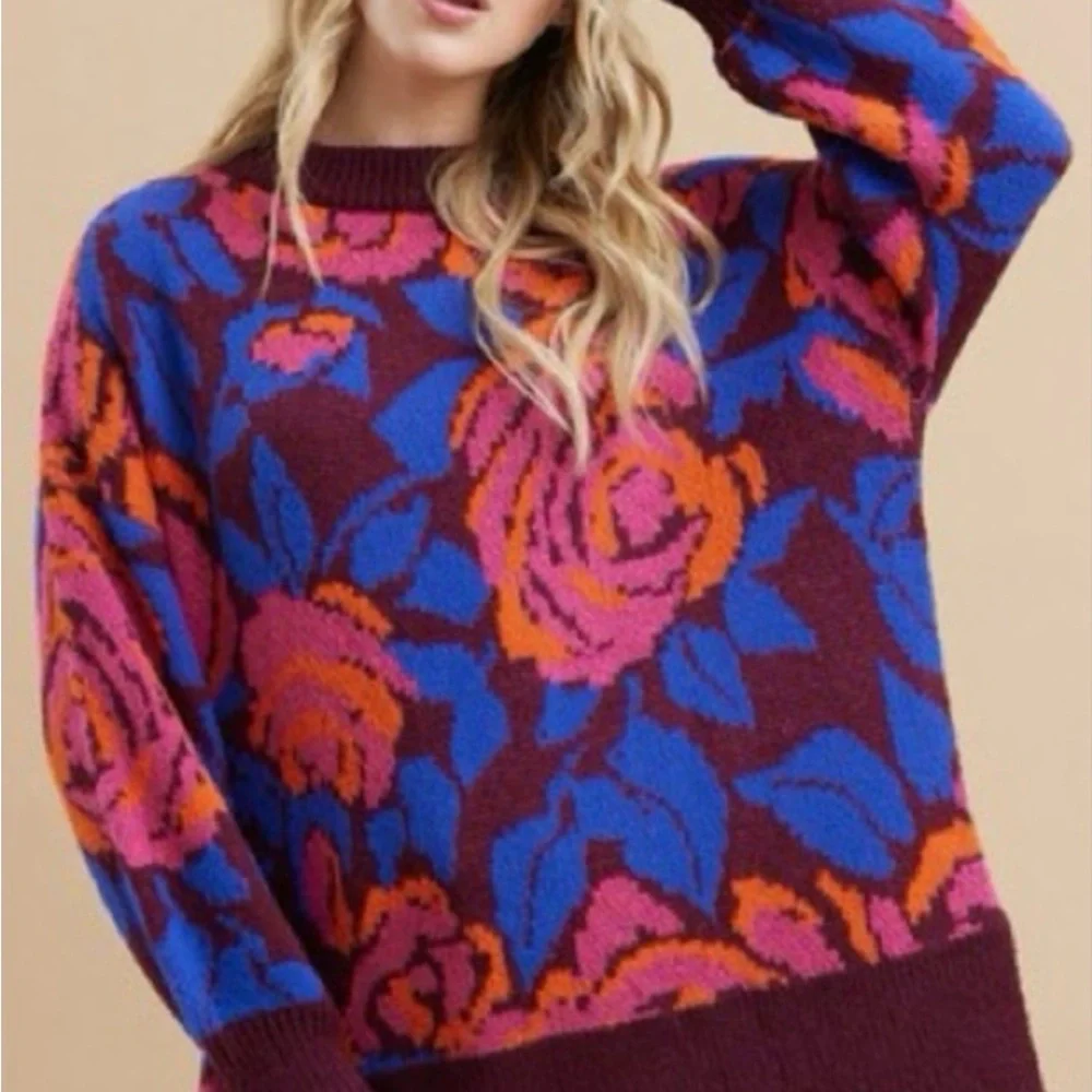 NWT JODIFL Magenta Purple Floral Mock Neck Bubble Sleeve Knit Sweater Size Med - Picture 2 of 7